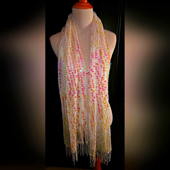 Charming charlie sequin scarf white multi colored sequins with fringe NWT ✨️✨️✨️ - Picture 2 of 8